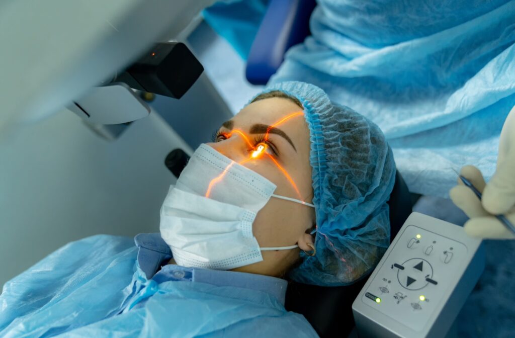 A young woman undergoes laser eye surgery for vision improvement.