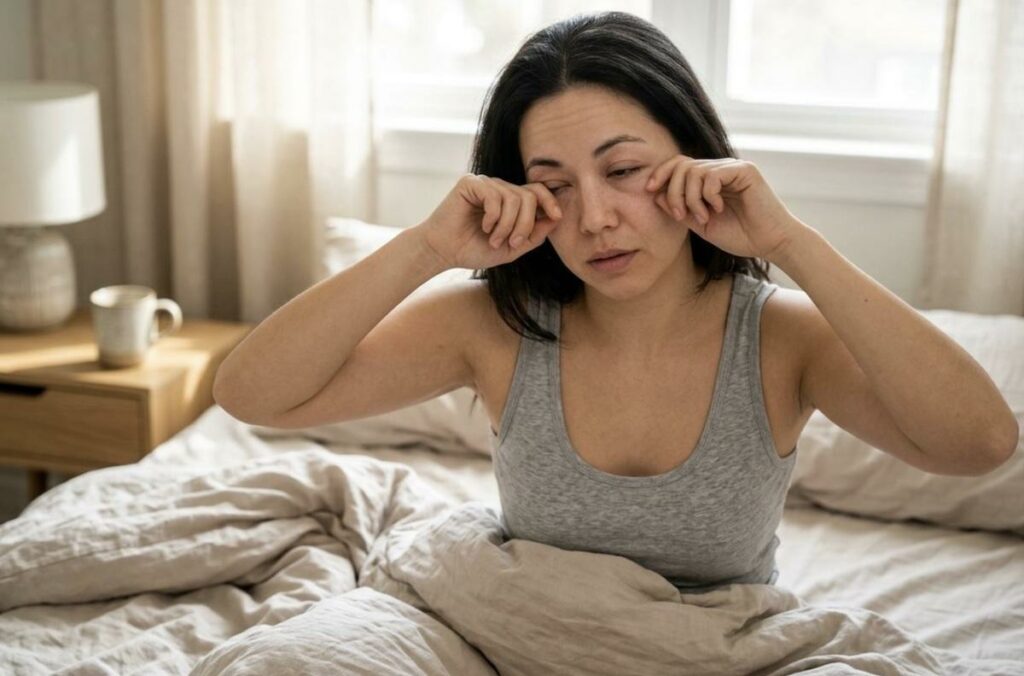 A person sitting in bed, rubbing their puffy eyes after waking up.