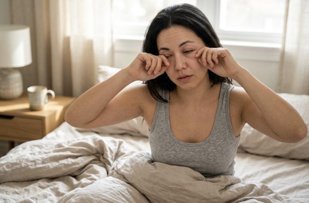 A person sitting in bed, rubbing their puffy eyes after waking up.