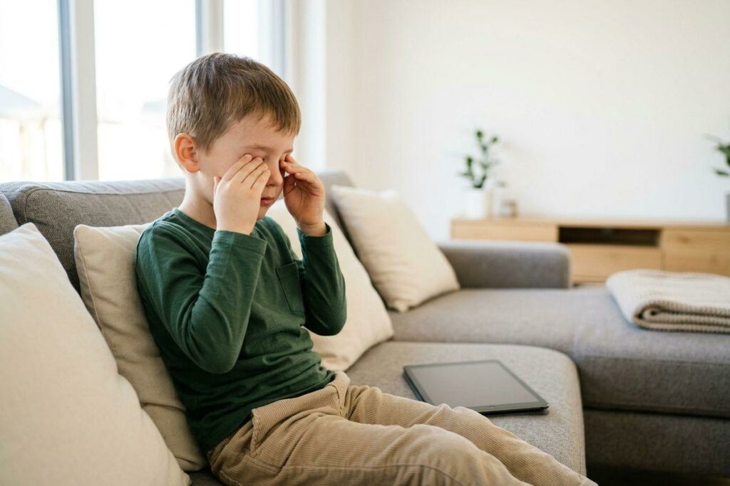 Child sitting on a gray sofa rubbing both eyes with hands, a tablet beside them, in a bright living room