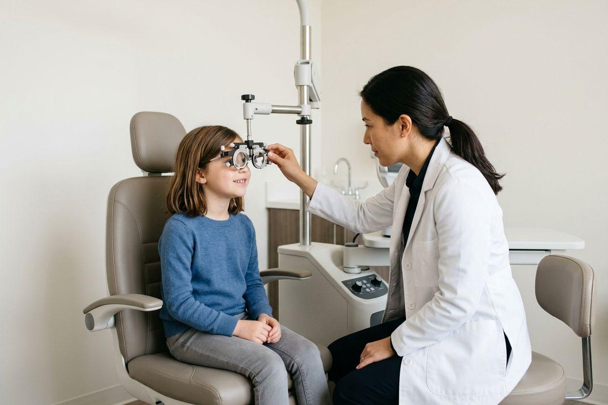 Optometrist adjusting a trial frame on a smiling child seated in an exam chair during an eye exam.