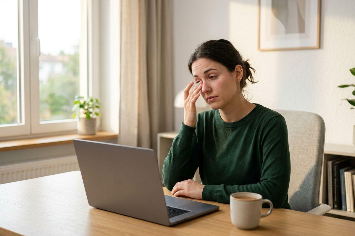 Adult sitting at a desk with a laptop, rubbing one eye with a concerned expression, coffee mug nearby in a home setting.