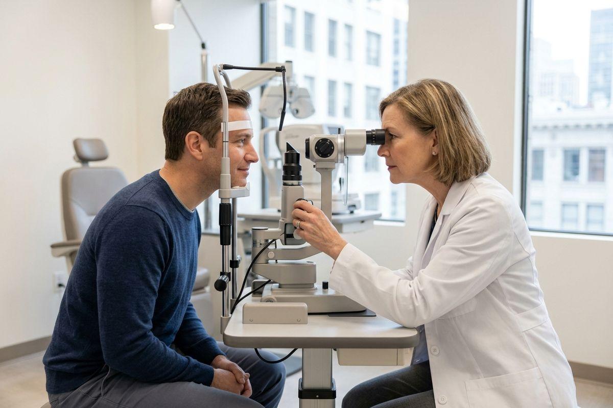 Optometrist looks through a slit lamp to examine a seated patient's eyes in a bright clinic exam room.