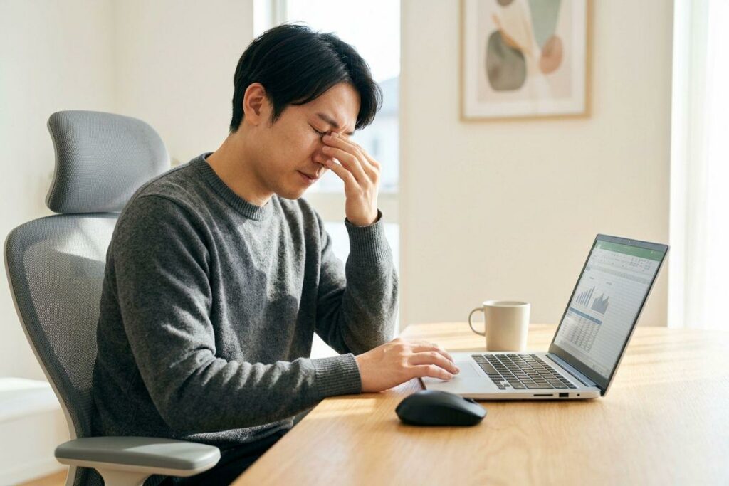 Adult sitting at a desk with a laptop, eyes closed and hand pressed to the bridge of their nose, appearing strained.