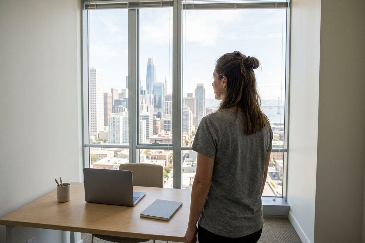 Adult standing at an office desk, looking out floor-to-ceiling windows at a city skyline. A laptop and notebook sit on the desk.