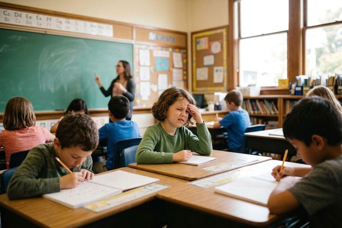 Child sitting at a classroom desk looking frustrated, hand on forehead, while other children write and a teacher gestures at the chalkboard.