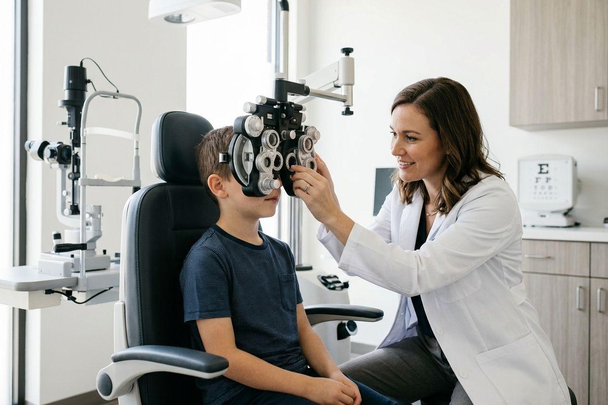 Smiling optometrist holds a phoropter during a child's eye exam in San Francisco in a clinic with an eye chart visible nearby.